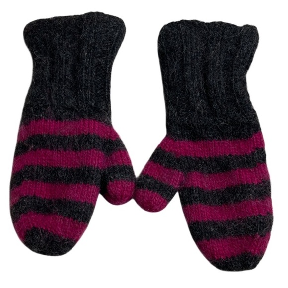 Striped Mohair Wool Knit Mittens Dark Grey Magenta Pink Lined Fold Over Cuff - Picture 1 of 6